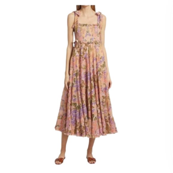 Zimmermann Violet Tiered Sundress Midi Dress Womens 1 Small Pink Floral Smocked - Picture 2 of 15